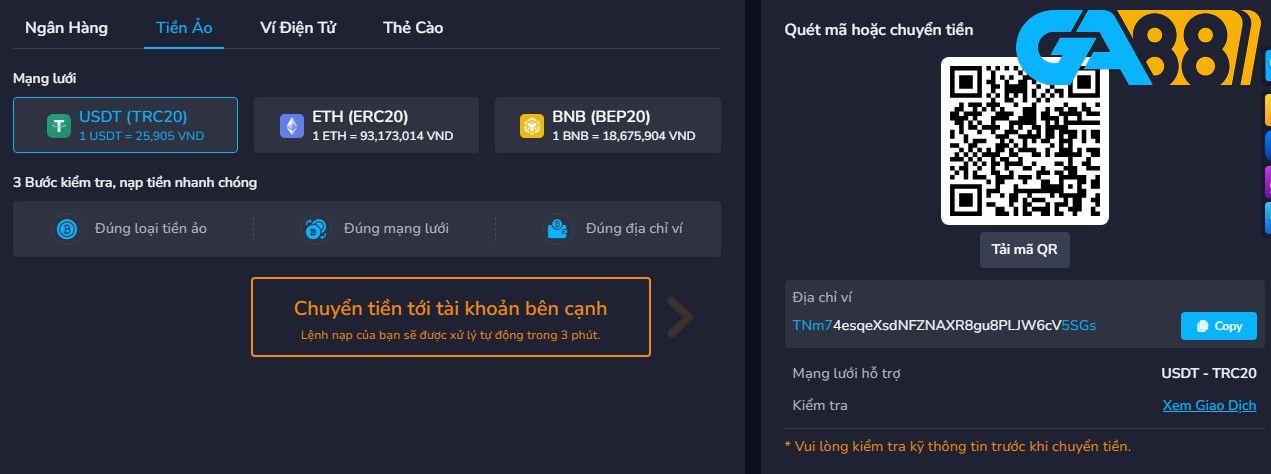 Hướng dẫn nạp tiền tại GA88