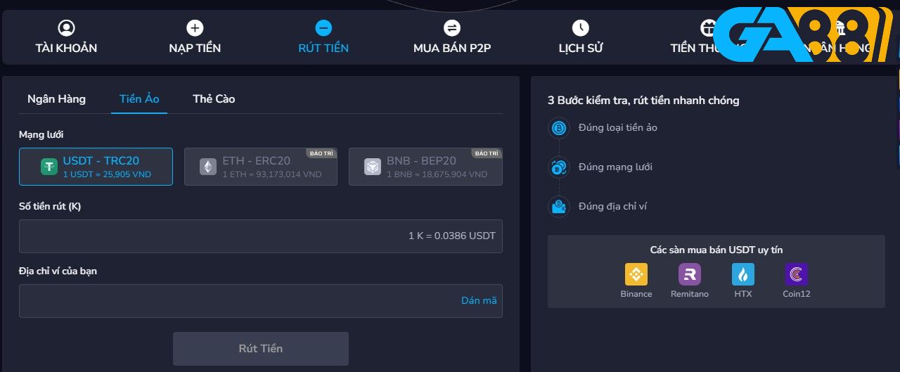 Hướng dẫn rút tiền tại GA88